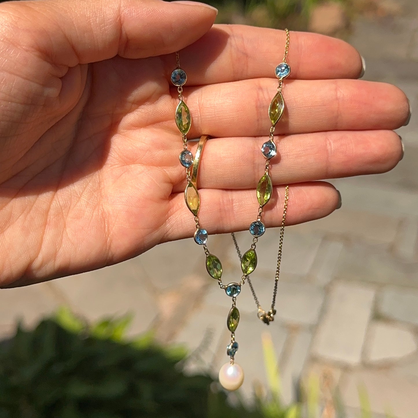 14KT Yellow Gold Topaz, Peridot + Freshwater Pearl Lariat Necklace