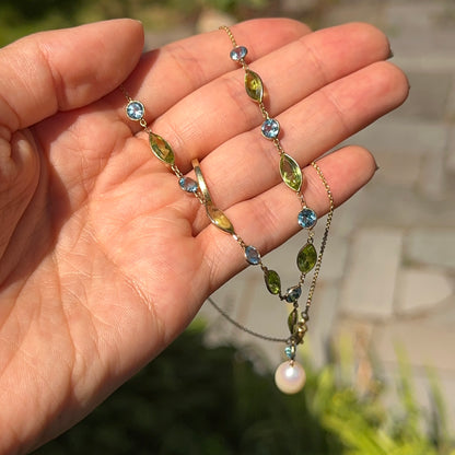 14KT Yellow Gold Topaz, Peridot + Freshwater Pearl Lariat Necklace