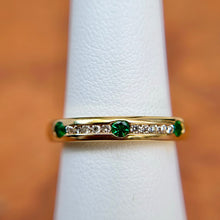 Load image into Gallery viewer, Estate 14KT Yellow Gold Round Emerald + Diamond Band Ring
