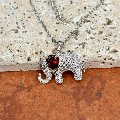 Sterling Silver + 14KT Yellow Gold Diamond + Ruby Elephant Necklace