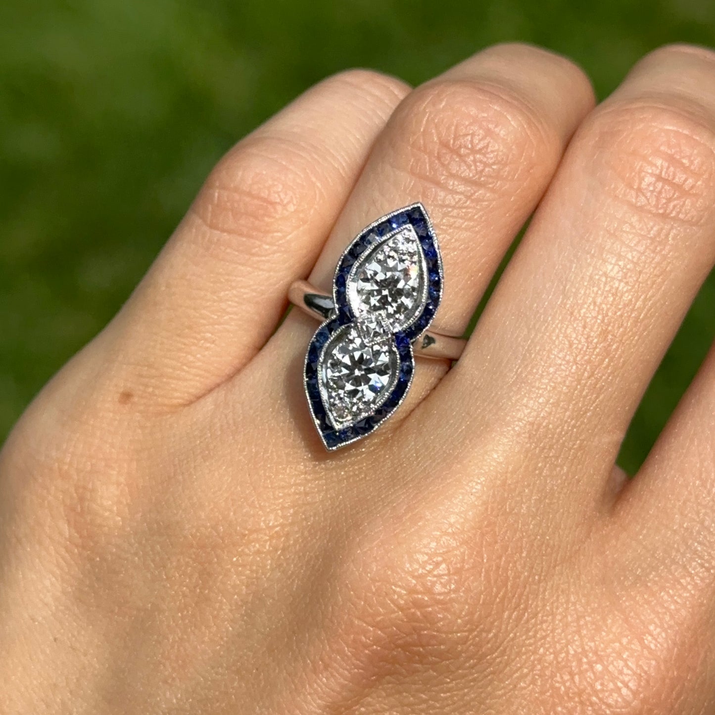 Estate Platinum + 14KT White Gold Diamonds + Sapphires Art Deco Ring
