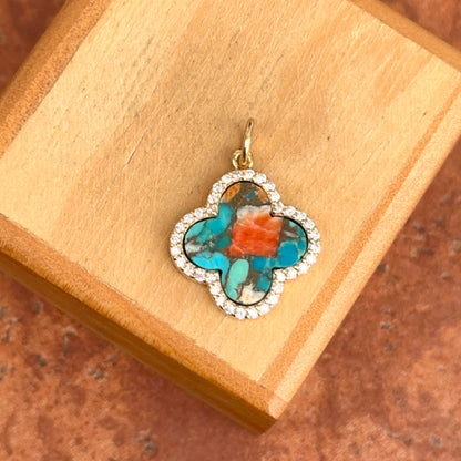 14KT Yellow Gold Oyster Turquoise + Diamond Clover Pendant