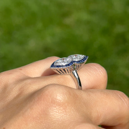 Estate Platinum + 14KT White Gold Diamonds + Sapphires Art Deco Ring