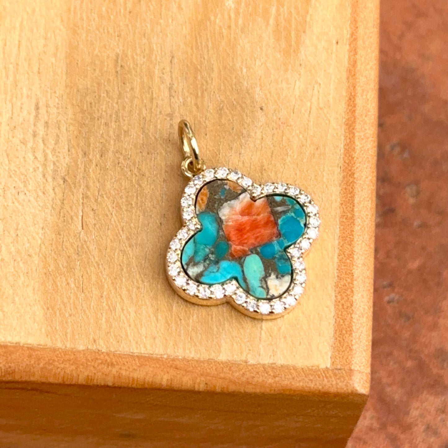 14KT Yellow Gold Oyster Turquoise + Diamond Clover Pendant