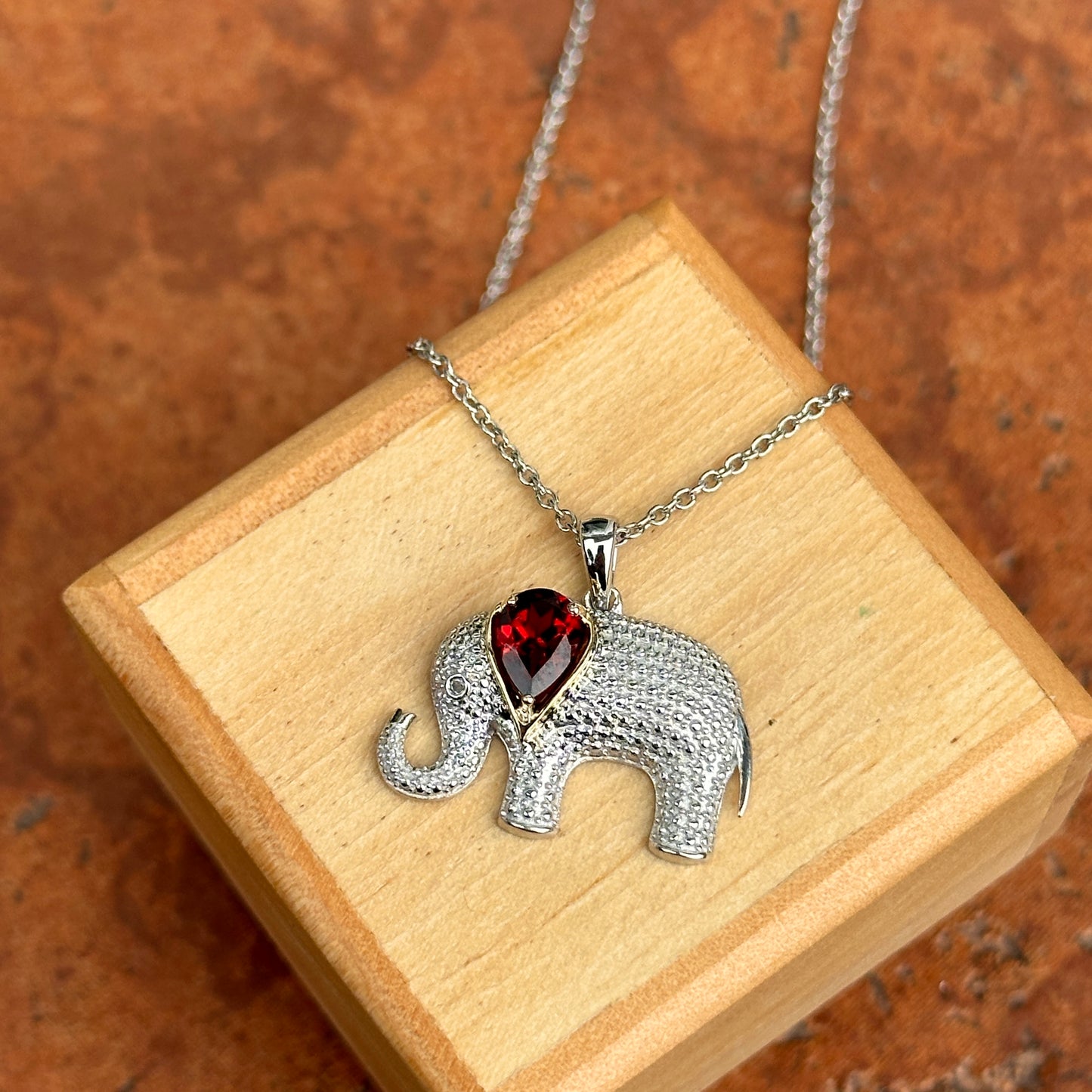 Sterling Silver + 14KT Yellow Gold Diamond + Ruby Elephant Necklace
