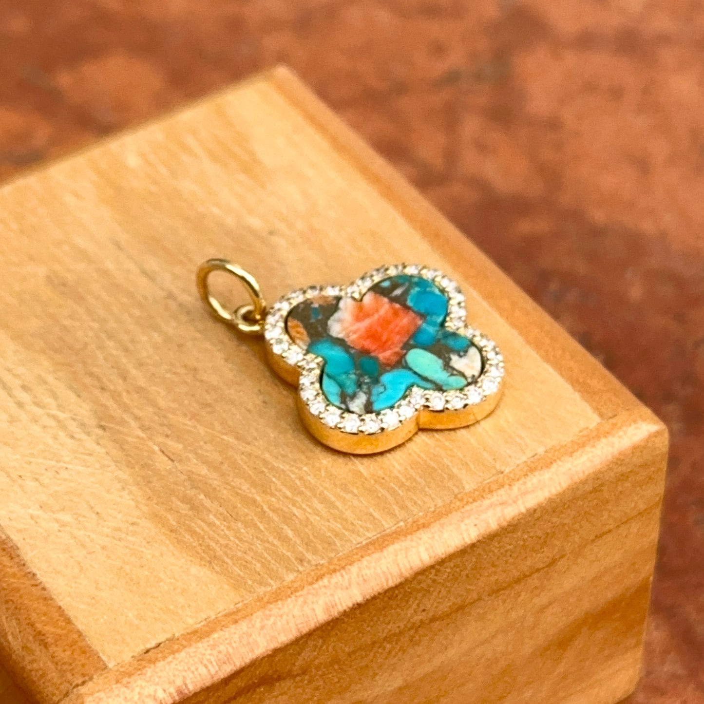 14KT Yellow Gold Oyster Turquoise + Diamond Clover Pendant