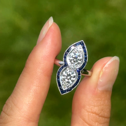 Estate Platinum + 14KT White Gold Diamonds + Sapphires Art Deco Ring