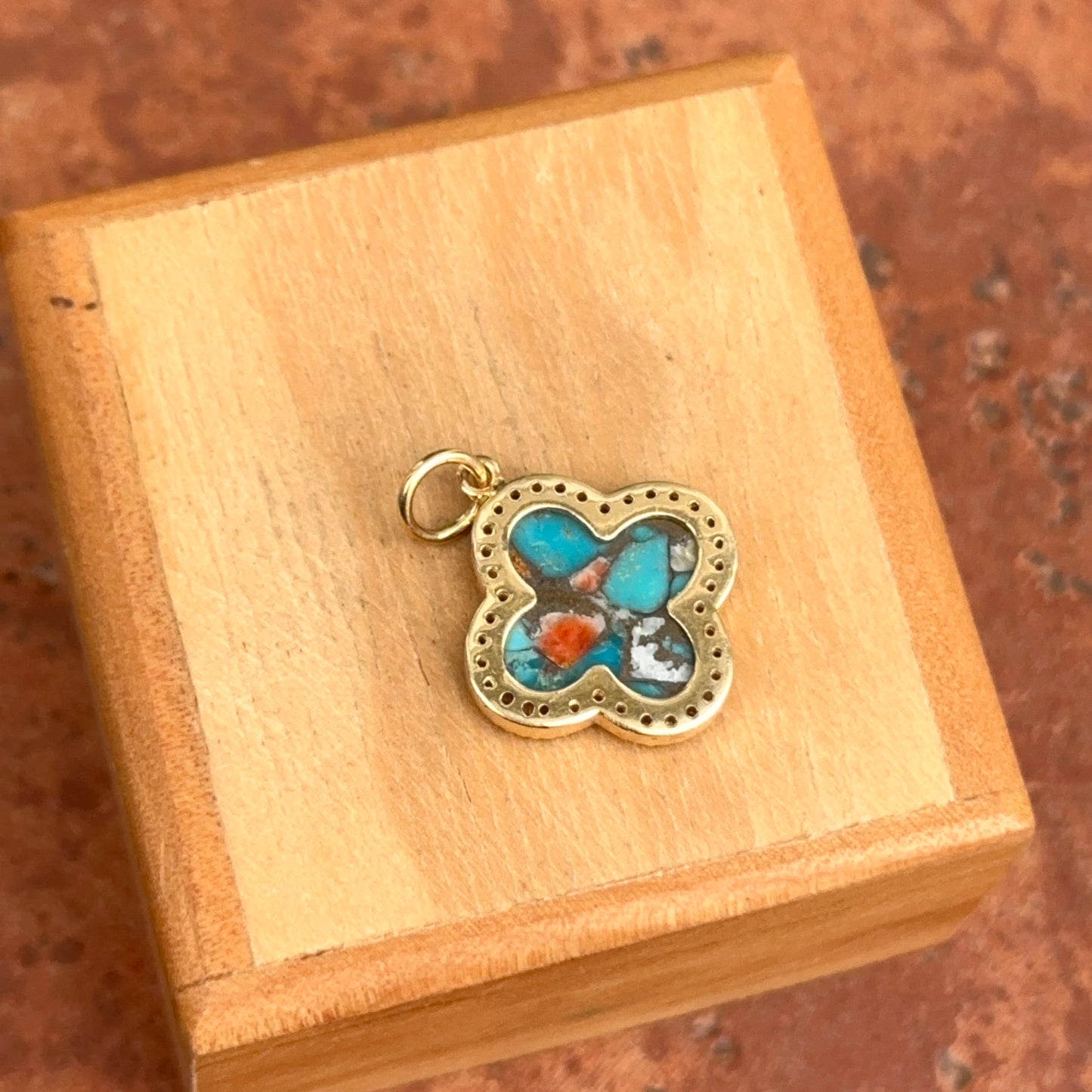 14KT Yellow Gold Oyster Turquoise + Diamond Clover Pendant