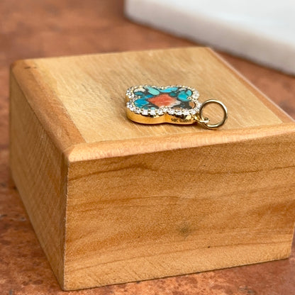 14KT Yellow Gold Oyster Turquoise + Diamond Clover Pendant
