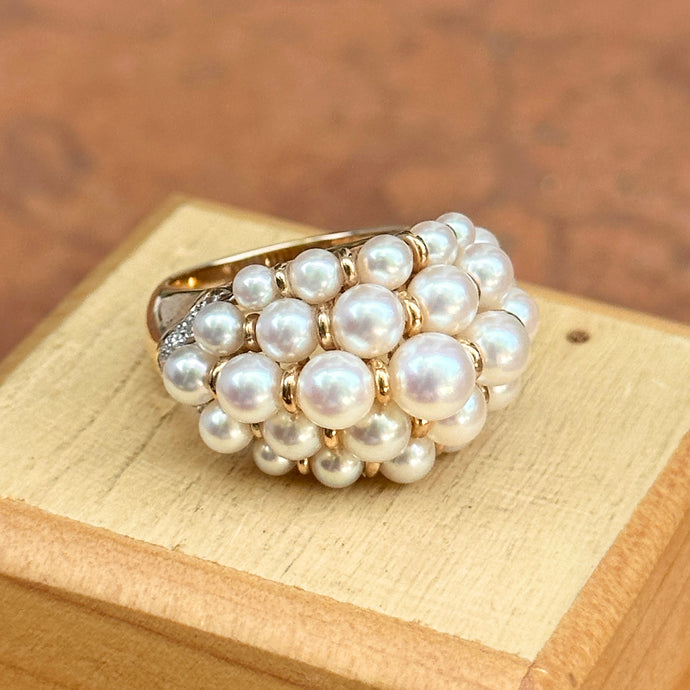 Estate 14KT Yellow Gold Multi-Sized Pearl + Diamond Dome Ring