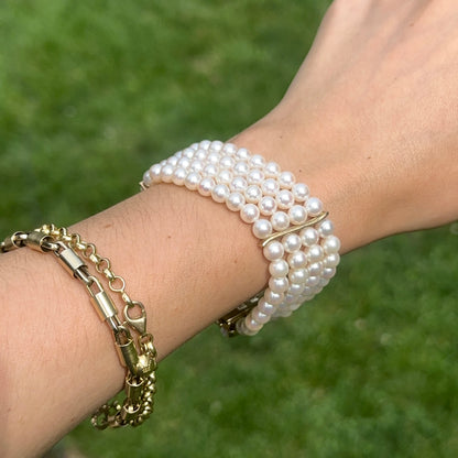 14KT Yellow Gold Four Strand Pearl Bracelet + Yellow Gold Links
