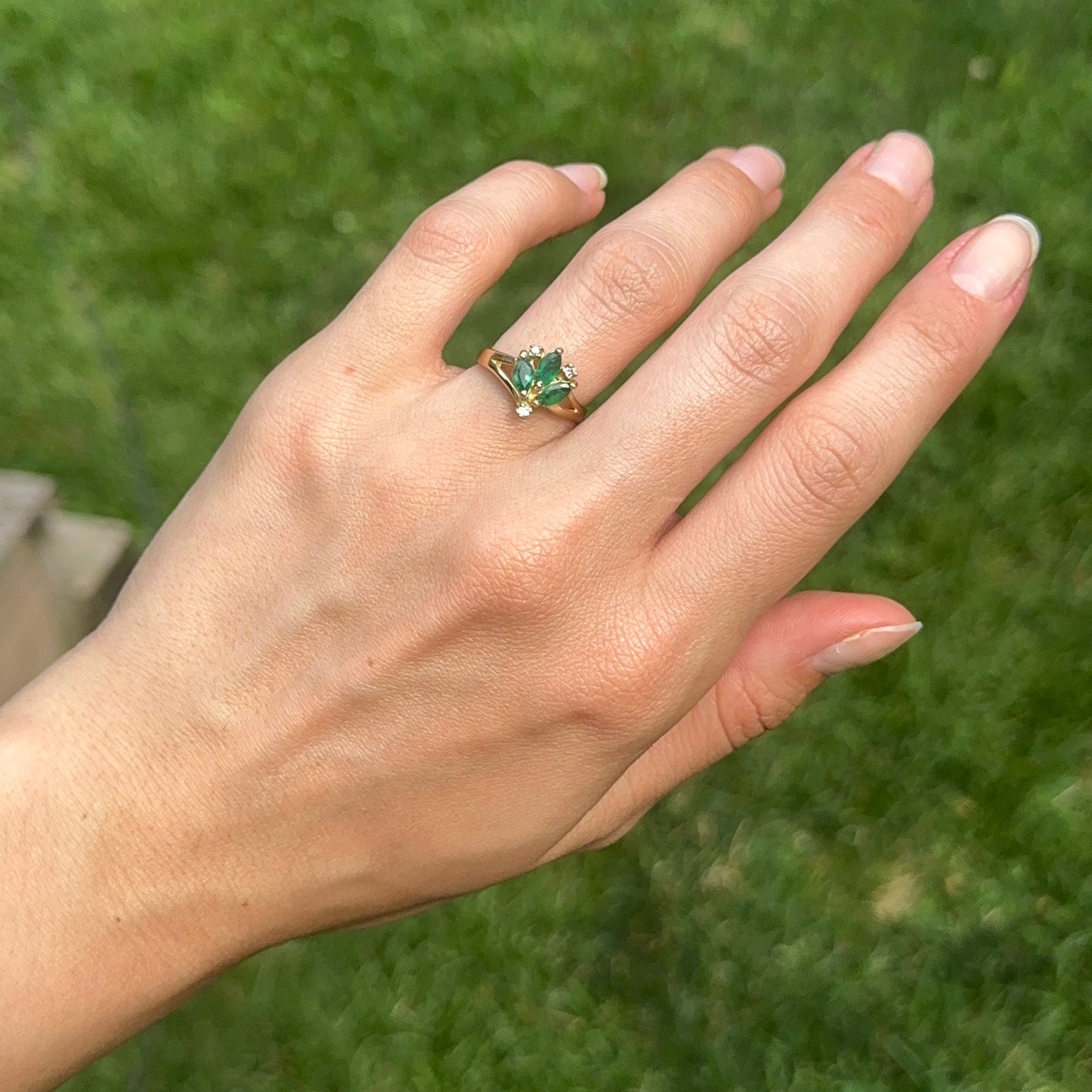 Estate 14KT Yellow 3 Marquise Emerald Ring