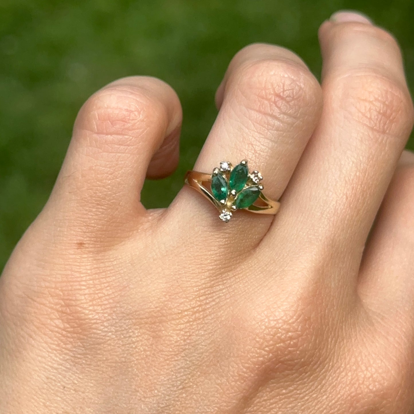 Estate 14KT Yellow 3 Marquise Emerald Ring