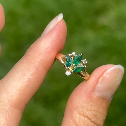 Estate 14KT Yellow 3 Marquise Emerald Ring