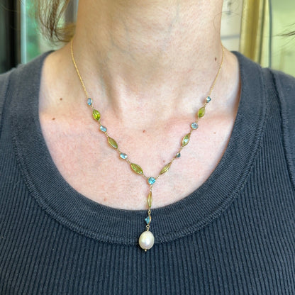 14KT Yellow Gold Topaz, Peridot + Freshwater Pearl Lariat Necklace