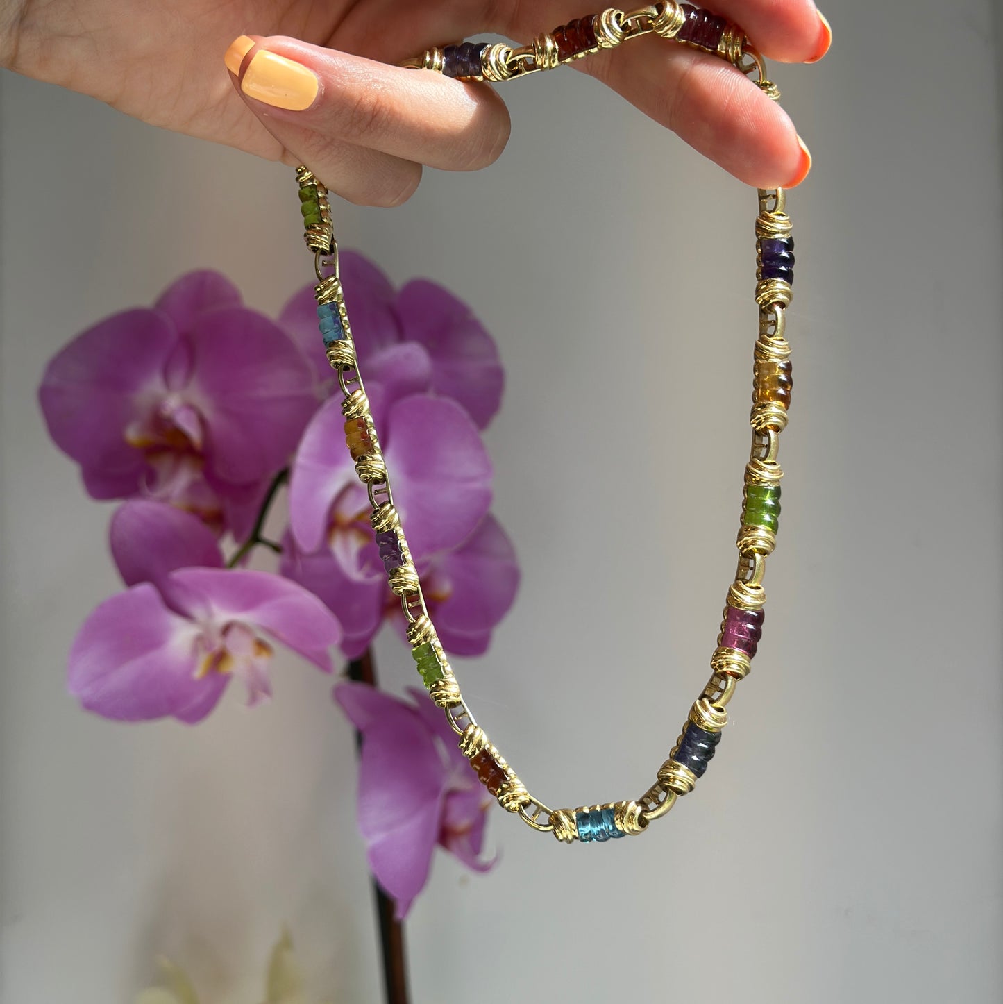 Estate 18KT Yellow Gold Multi-Gemstone Heavy Link Collar Necklace