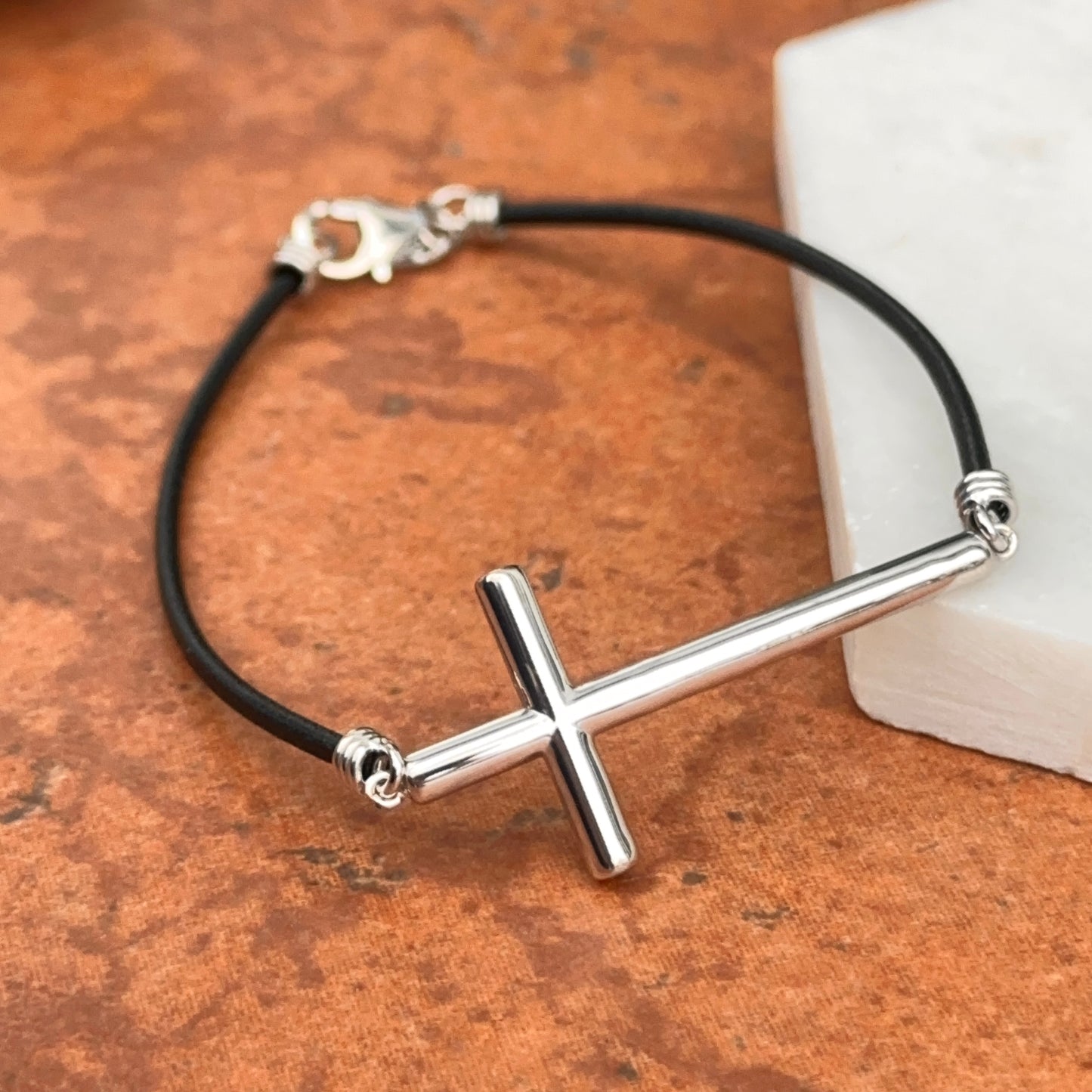 Sterling Silver Sideways Cross + Black Leather Strap Bracelet 7.5"