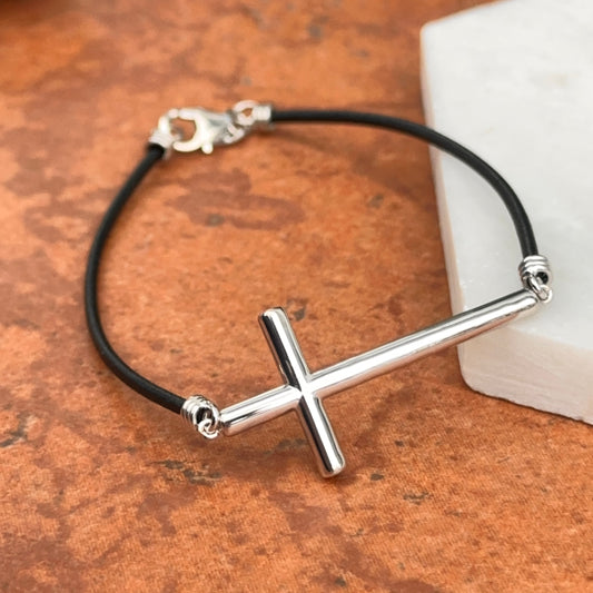 Sterling Silver Sideways Cross + Black Leather Strap Bracelet 7.5"
