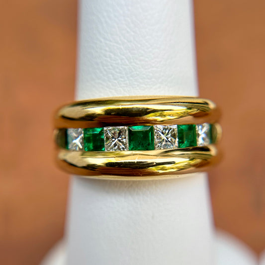 Estate 18KT Yellow Gold Princess-Cut Diamond + Emerald Band Ring