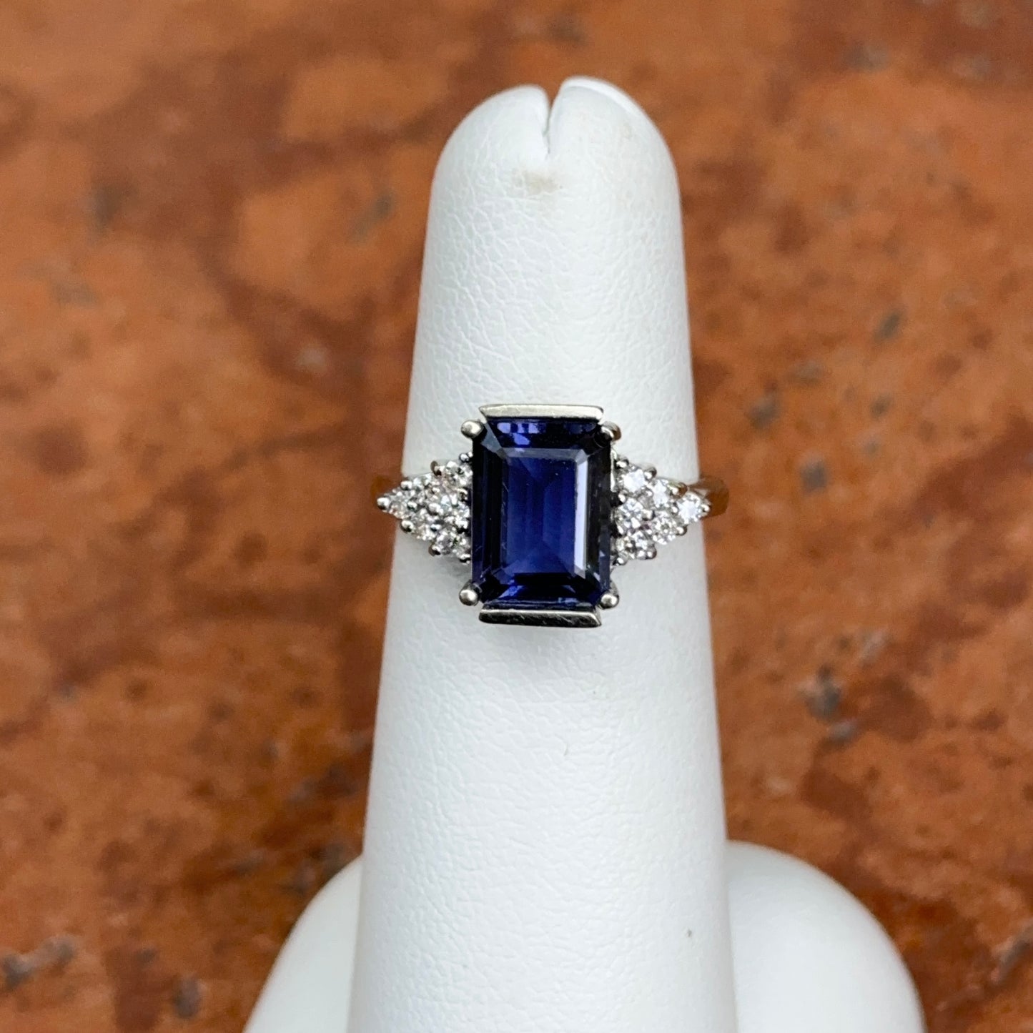 Estate 18KT White Gold Emerald-Cut Iolite + Diamond CZ Ring