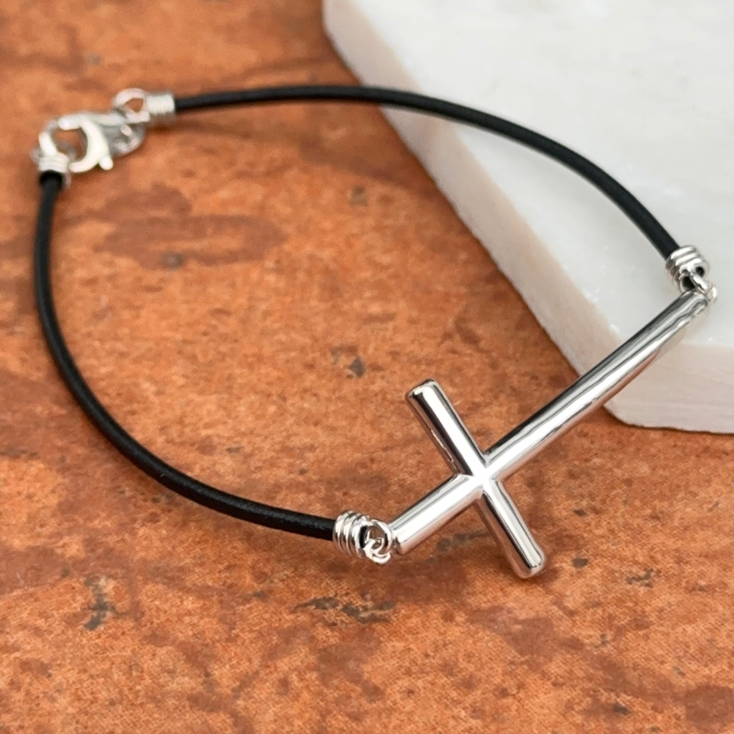 Sterling Silver Sideways Cross + Black Leather Strap Bracelet 7.5"