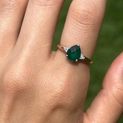 Estate 10KT Yellow Gold Pear Checkerboard Emerald + Diamond Ring