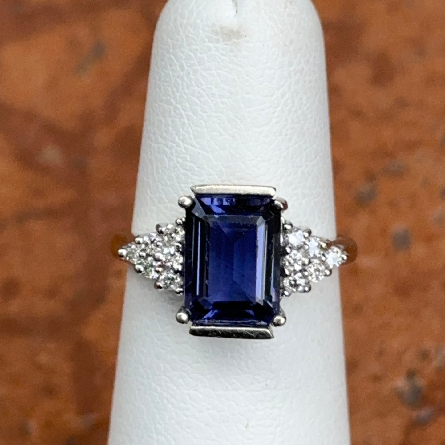 Estate 18KT White Gold Emerald-Cut Iolite + Diamond CZ Ring