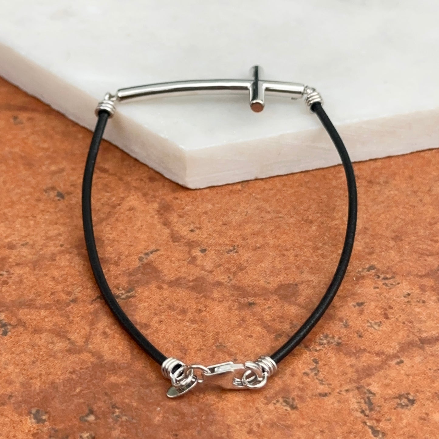 Sterling Silver Sideways Cross + Black Leather Strap Bracelet 7.5"