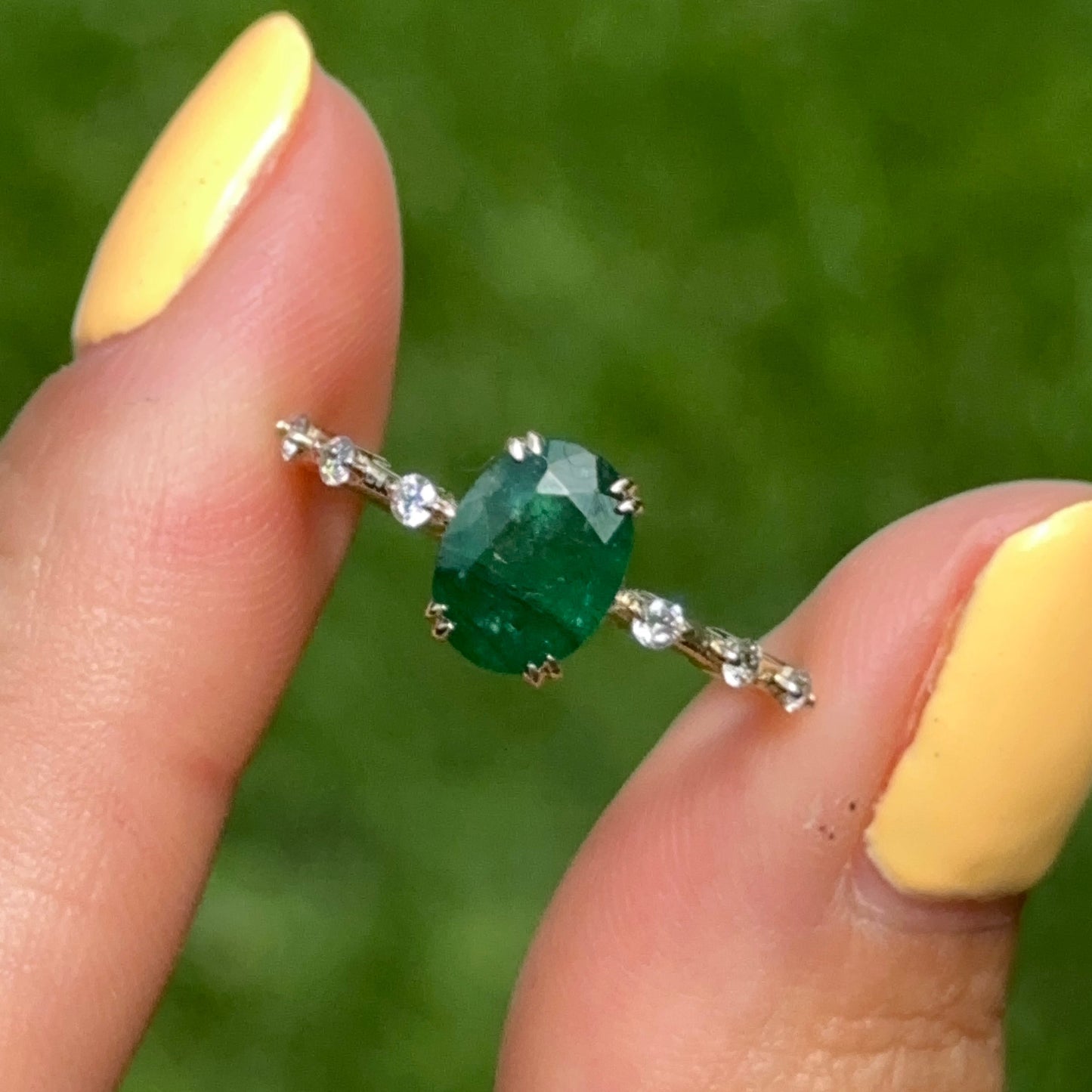 14KT Yellow Gold Oval 1.35 CT Emerald + Diamond Band Ring