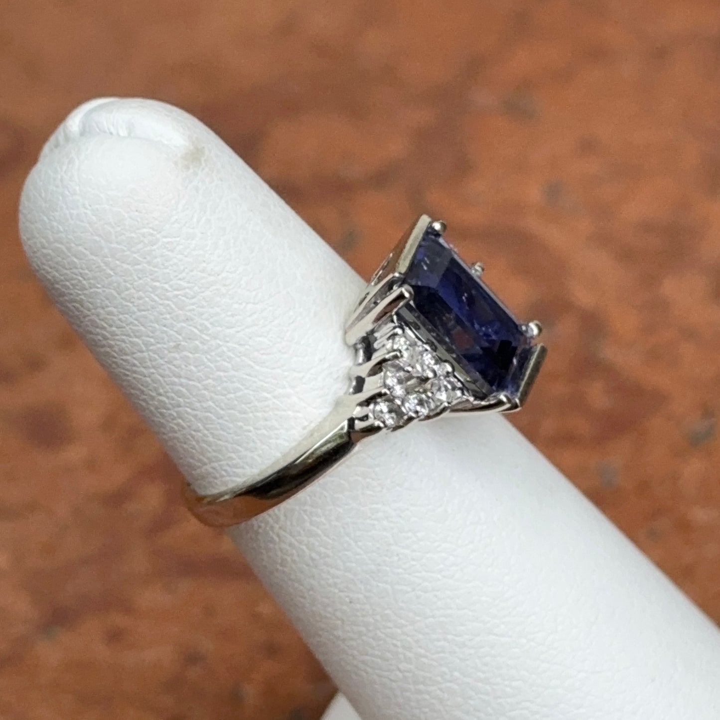 Estate 18KT White Gold Emerald-Cut Iolite + Diamond CZ Ring