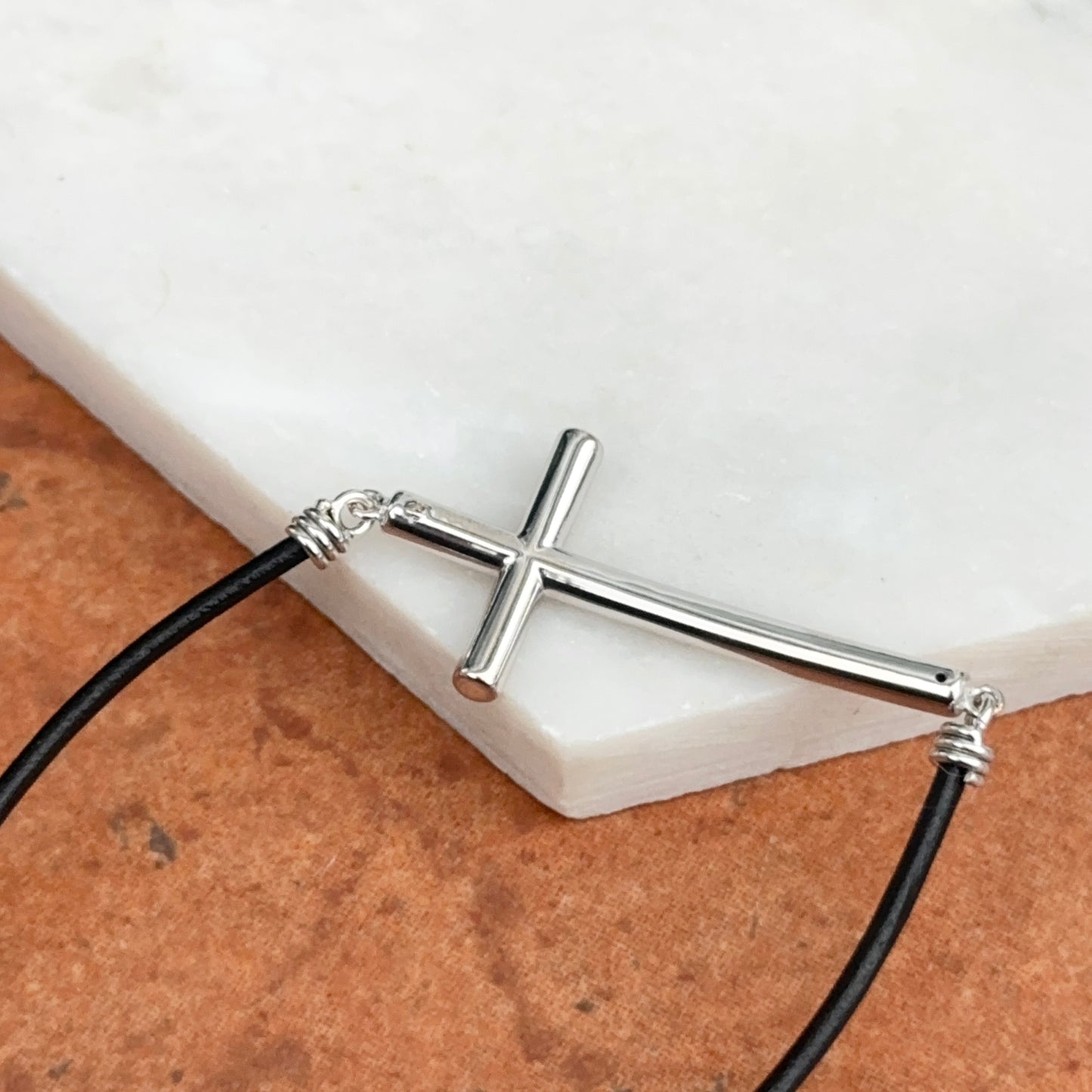 Sterling Silver Sideways Cross + Black Leather Strap Bracelet 7.5"