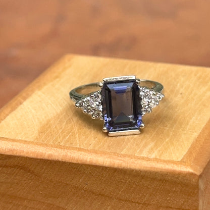 Estate 18KT White Gold Emerald-Cut Iolite + Diamond CZ Ring