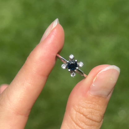 Estate 14KT White Gold Round Blue Sapphire + Round Diamond Prong Set Ring