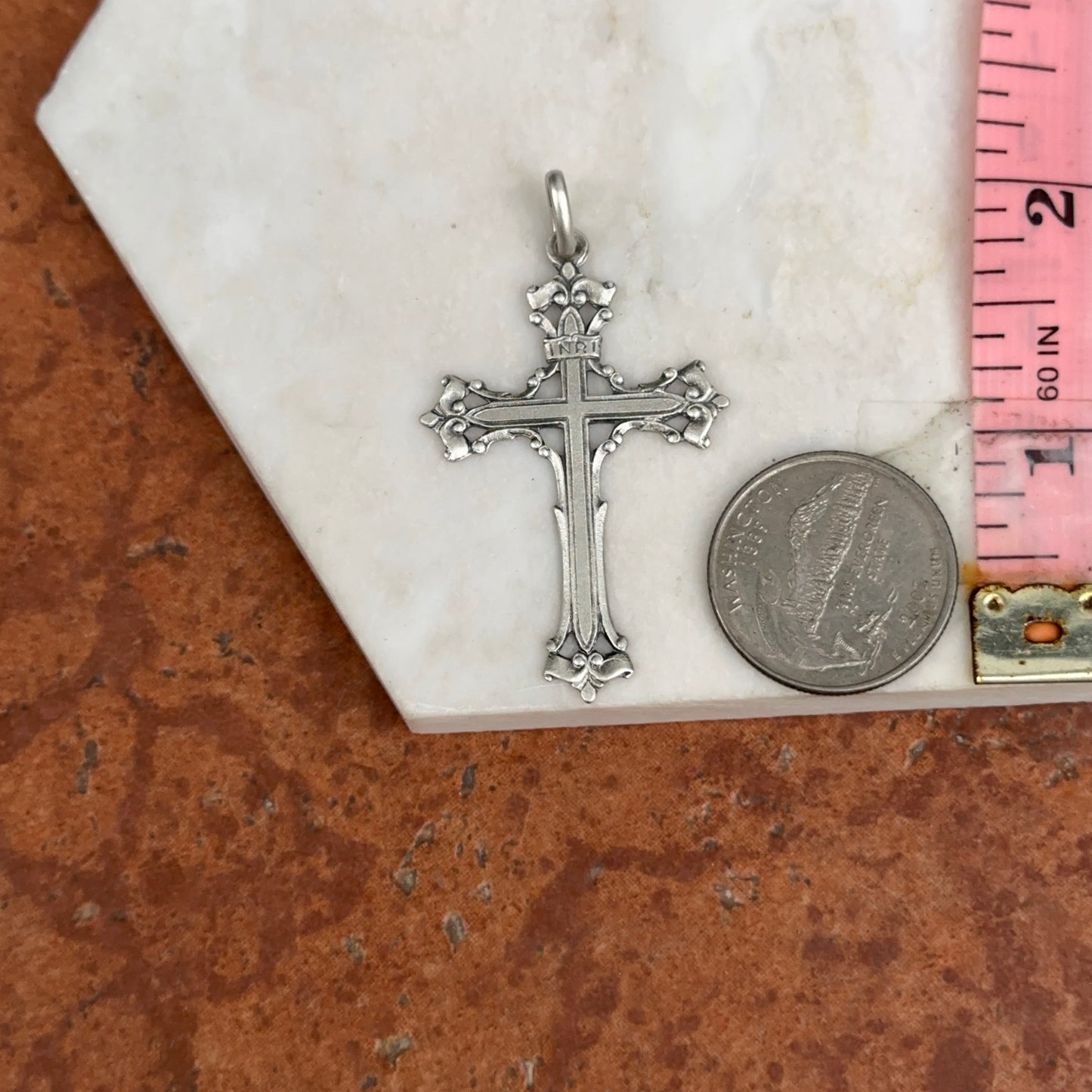Sterling Silver Antiqued Cross Detailed Pendant 46mm Large