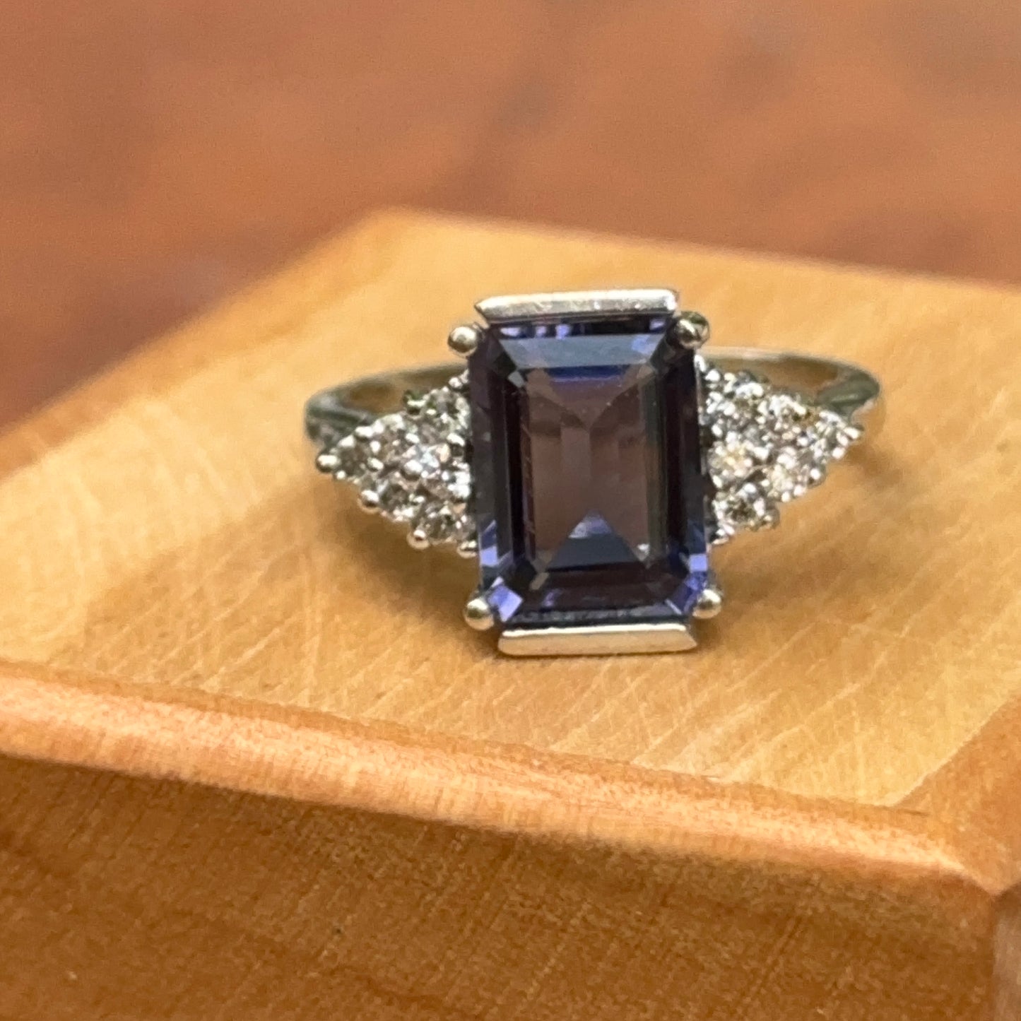 Estate 18KT White Gold Emerald-Cut Iolite + Diamond CZ Ring