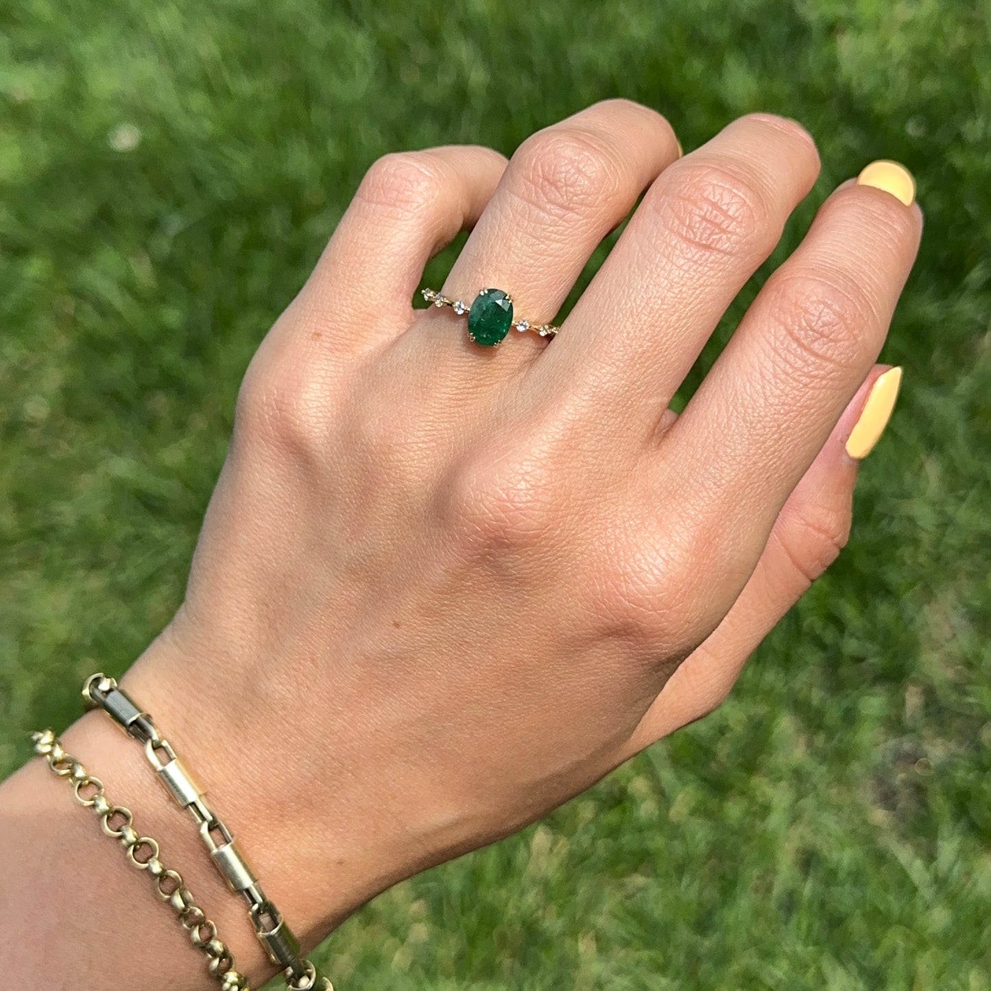 14KT Yellow Gold Oval 1.35 CT Emerald + Diamond Band Ring