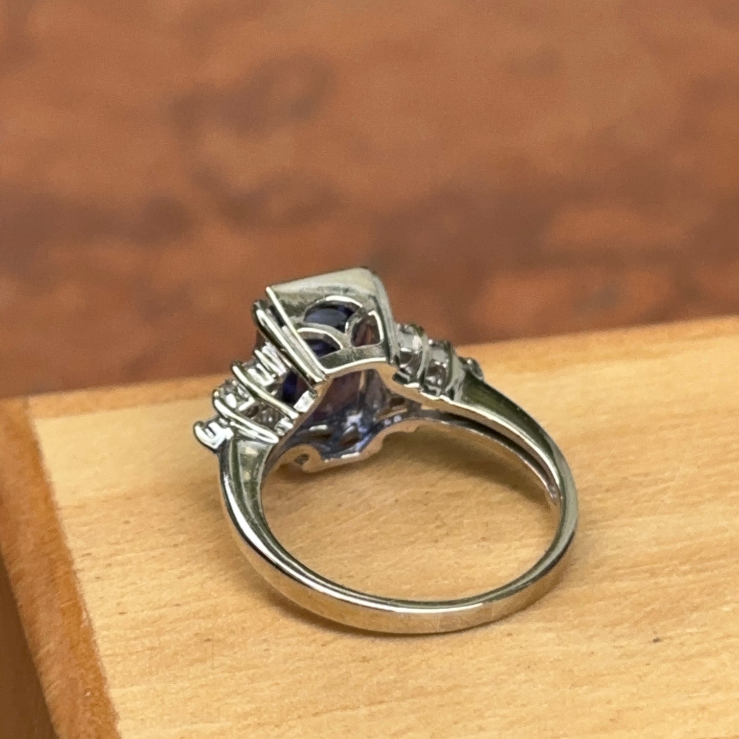 Estate 18KT White Gold Emerald-Cut Iolite + Diamond CZ Ring