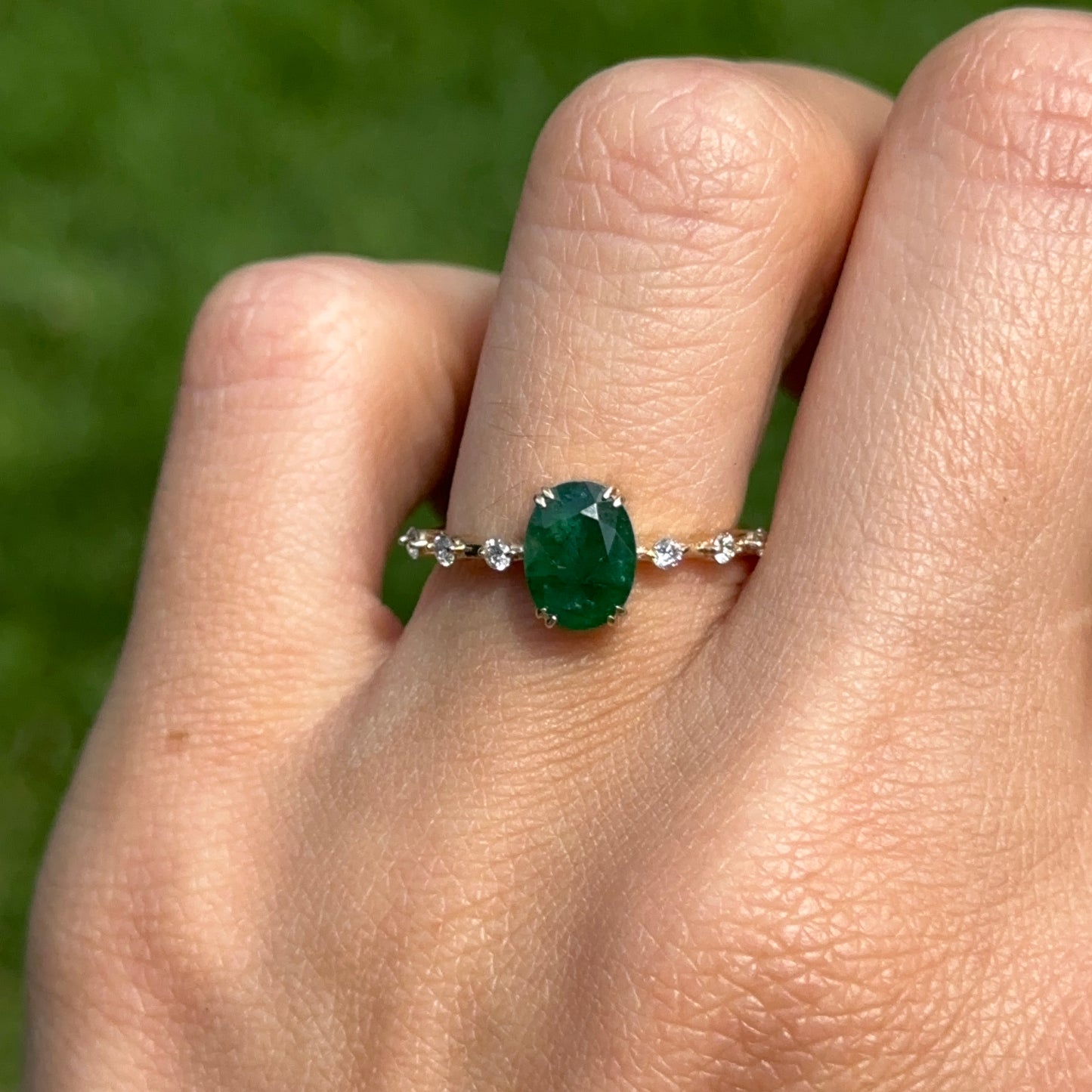 14KT Yellow Gold Oval 1.35 CT Emerald + Diamond Band Ring