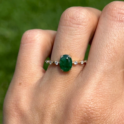 14KT Yellow Gold Oval 1.35 CT Emerald + Diamond Band Ring
