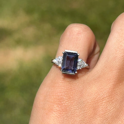 Estate 18KT White Gold Emerald-Cut Iolite + Diamond CZ Ring