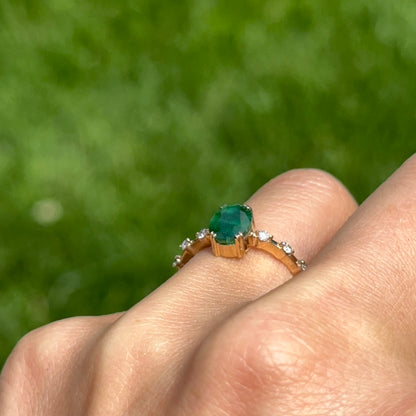 14KT Yellow Gold Oval 1.35 CT Emerald + Diamond Band Ring