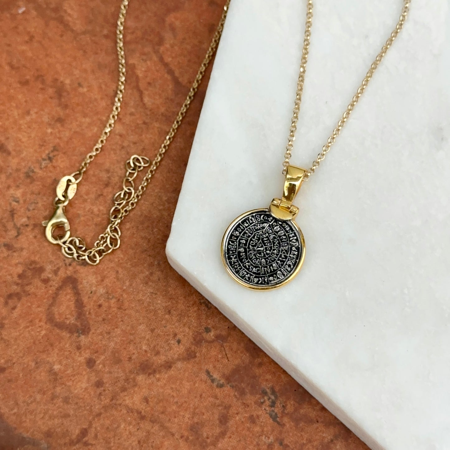 24KT Yellow Gold Infused + Sterling Silver Replica Phaistos Coin Pendant with Chain