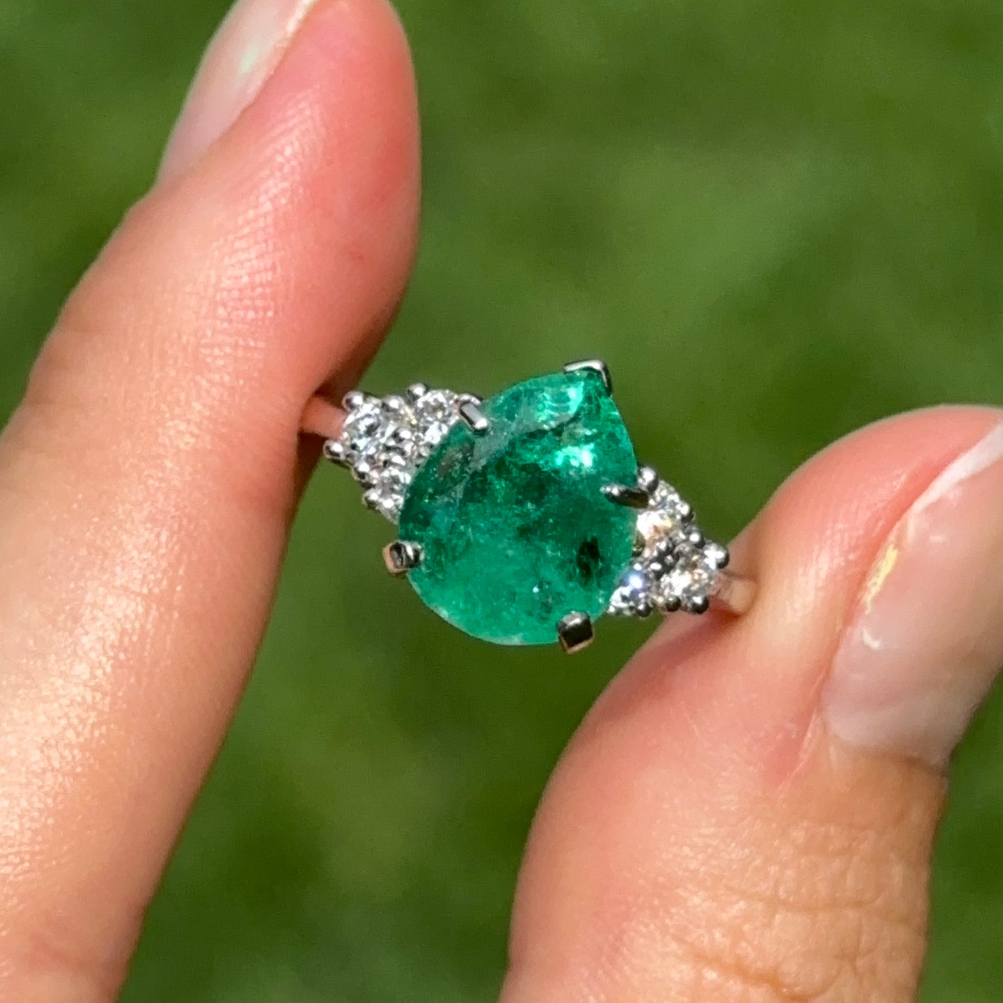 Estate 14KT White Gold Pear Emerald + Diamond Ring