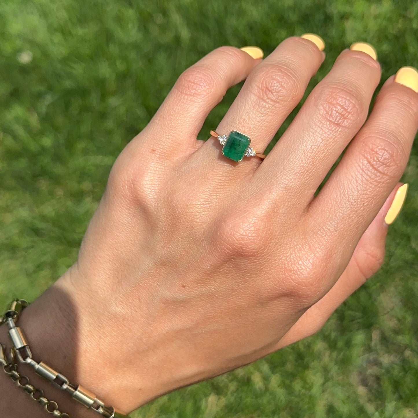 14KT Yellow Gold Emerald-Cut 1.55 CT Emerald + Diamond Ring