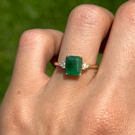 14KT Yellow Gold Emerald-Cut 1.55 CT Emerald + Diamond Ring