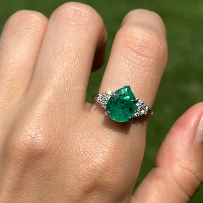 Estate 14KT White Gold Pear Emerald + Diamond Ring