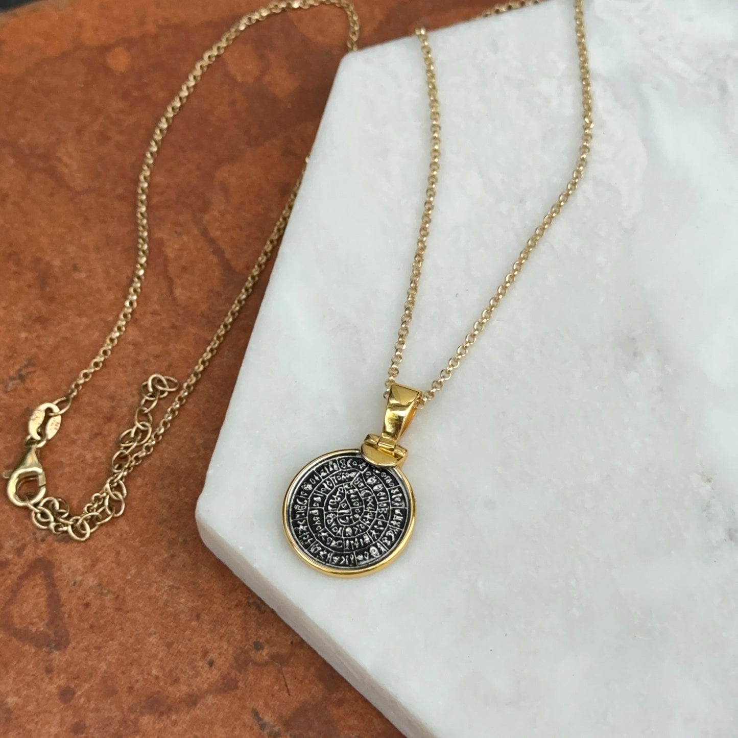 24KT Yellow Gold Infused + Sterling Silver Replica Phaistos Coin Pendant with Chain