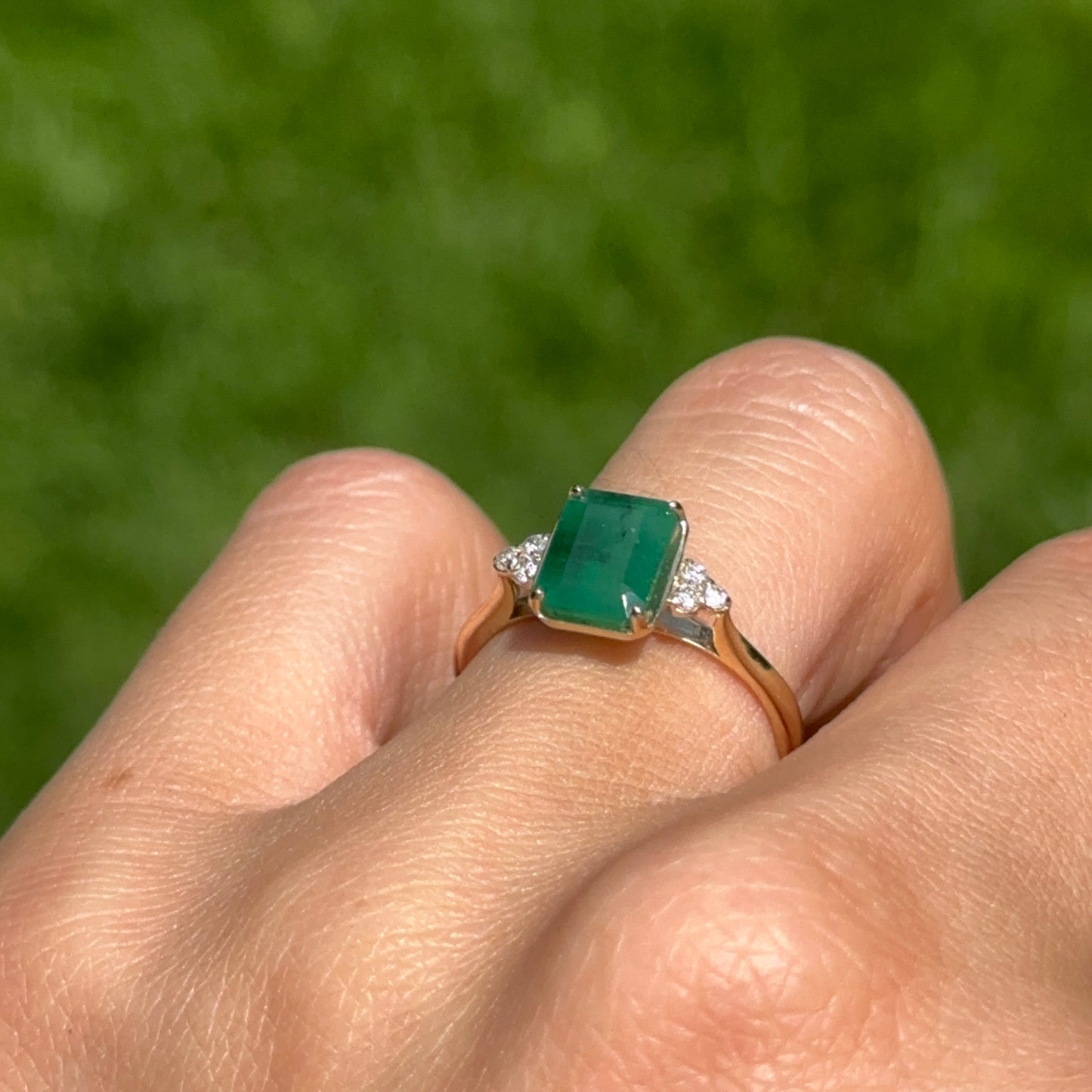 14KT Yellow Gold Emerald-Cut 1.55 CT Emerald + Diamond Ring