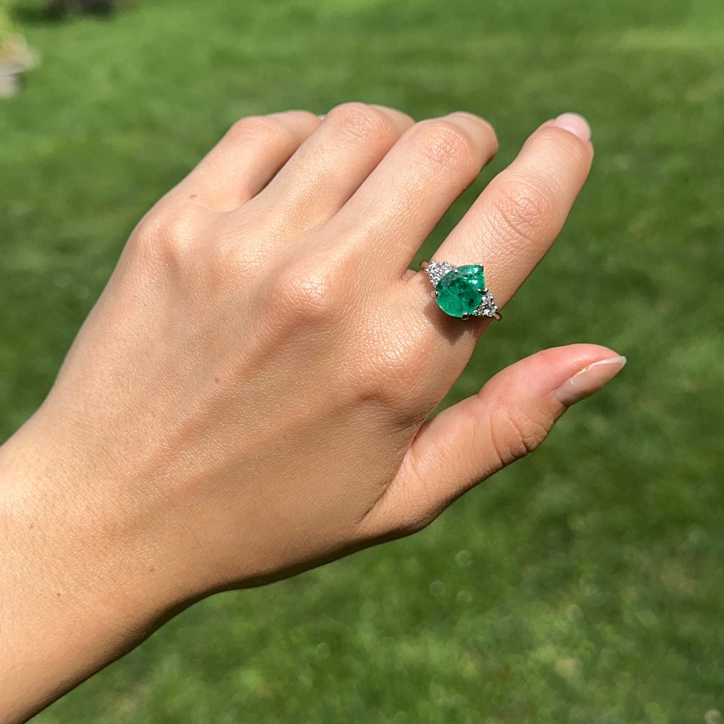 Estate 14KT White Gold Pear Emerald + Diamond Ring