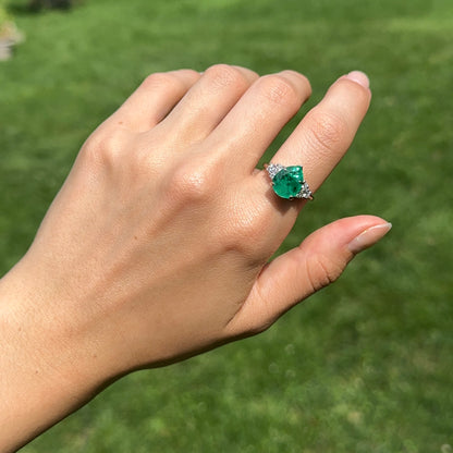 Estate 14KT White Gold Pear Emerald + Diamond Ring
